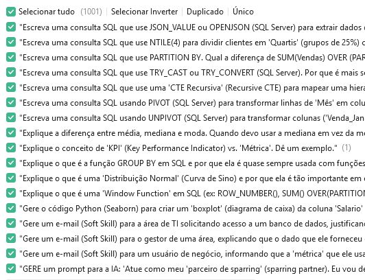 Exemplos reais de prompts SQL, estatística e comunicação do material