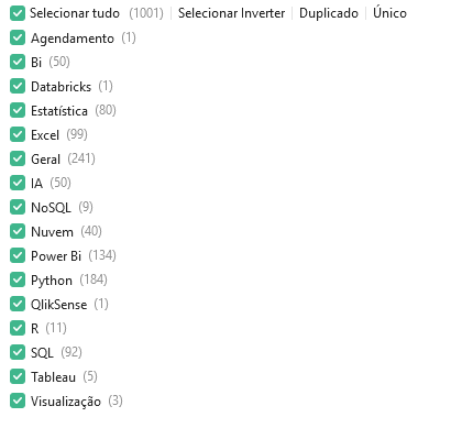 Agrupamentos por ferramenta, incluindo Excel, Power BI, Python e SQL