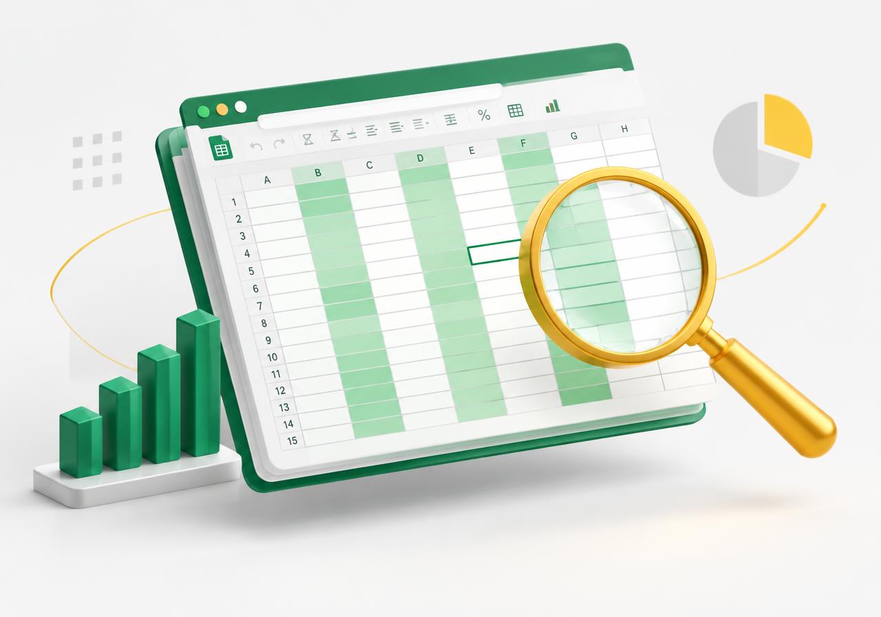 Ilustração de planilha com gráficos e lupa para análise de dados no Excel